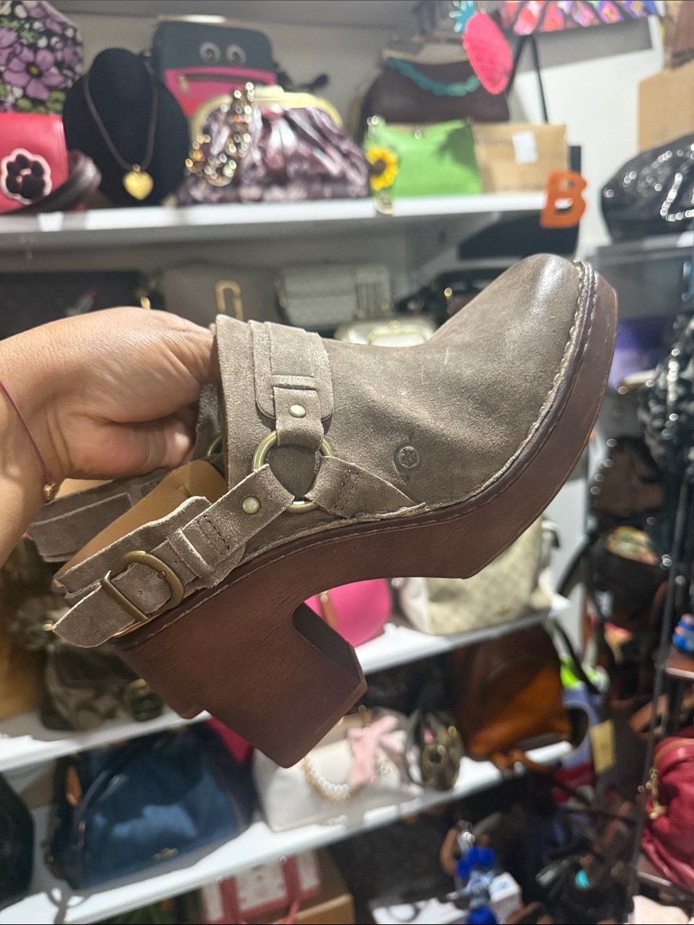 Born Hudson Taupe Suede Slip-On Mules with Buckle Detail